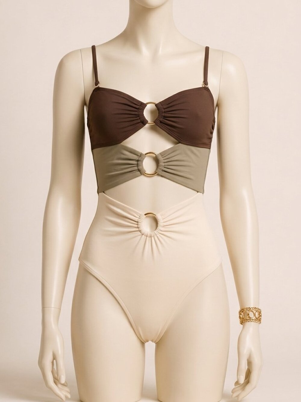 EOMENIE Ring Linked Cutout Monokini Swimsuit Cream Brown S New